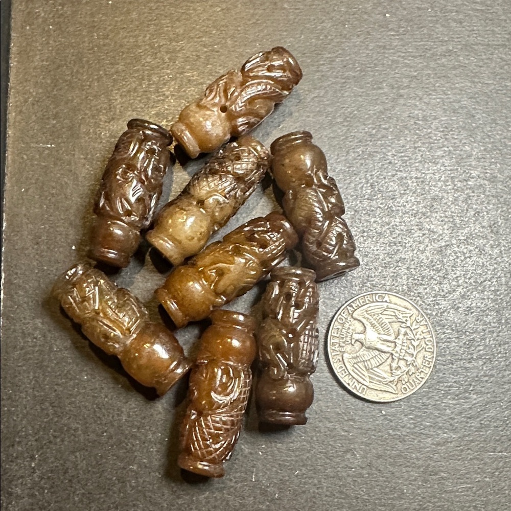Hand-Carved Brown Agate Barrel Beads - Set of 8